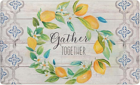 Home Dynamix Cozy Living Lemon Wreath Gather Together Runner Anti-Fatigue Kitchen Mat, Non-Slip Floor Mat, Padded Standing Desk Mat, Grey/Yellow, 17.5"x30"