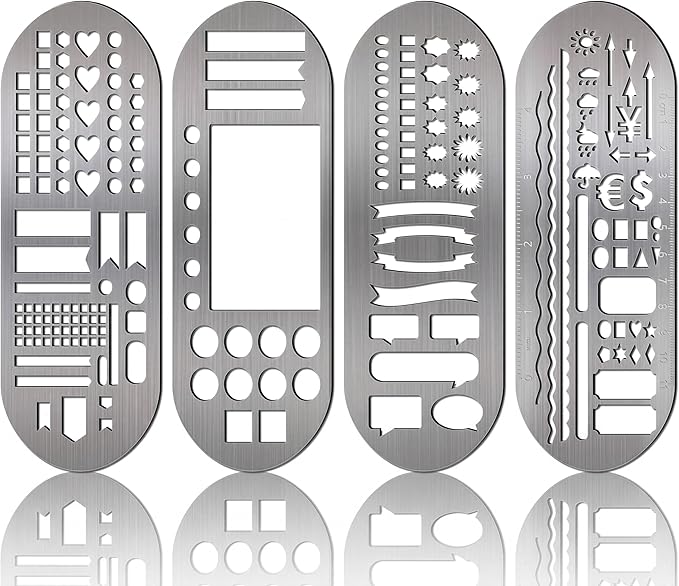 Chinco 4 Pieces Stencils Metal Journal Template 7.9 x 2.4 Inches Bookmark Ruler School Supplies Stainless Steel Stencils Set for DIY, Engraving, Painting, Scrapbooking(Classic Style)