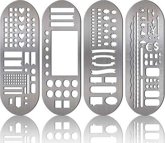 Chinco 4 Pieces Stencils Metal Journal Template 7.9 x 2.4 Inches Bookmark Ruler School Supplies Stainless Steel Stencils Set for DIY, Engraving, Painting, Scrapbooking(Classic Style)