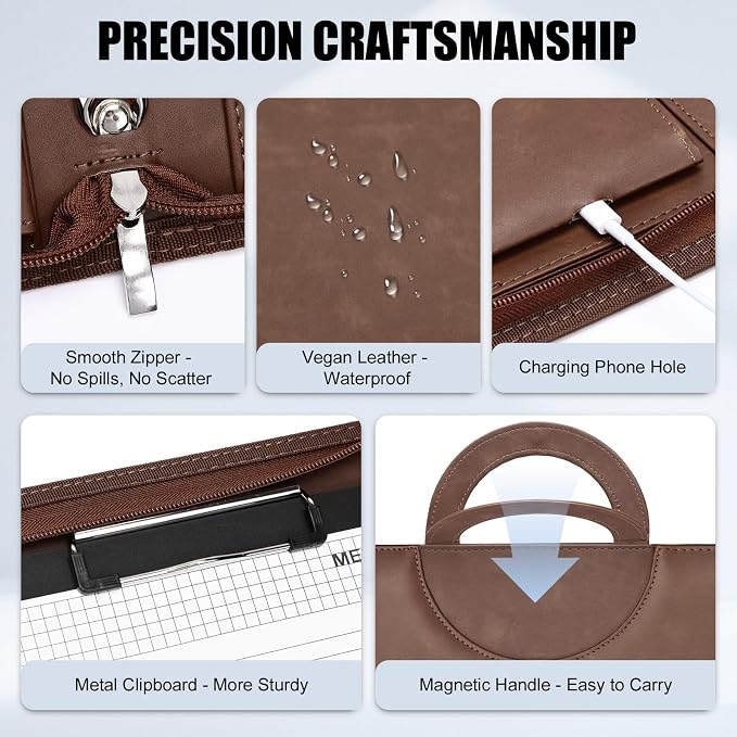 Portfolio Binder - 3 Ring Binder with Magnetic Handle, Vegan Leather Business Padfolio Folder with Notepad, Includes 5 Dividers with 10 Pockets for Documents Files