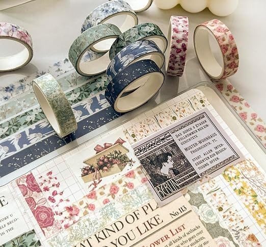 Flowers Washi Tape Set 30 Rolls Floral Patterns Decorative Skinny Slim Masking Tapes for Arts, DIY Crafts, Journals, Planners, Scrapbook, Wrapping (Greens Thrive)