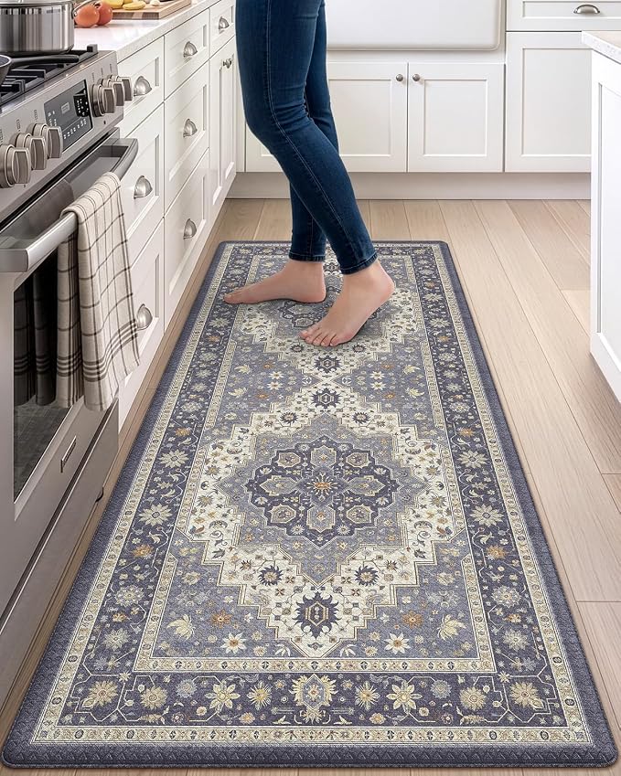 DEXI Kitchen Floor Mats Anti Fatigue, 23x59 Large Long Cushioned Vintage Runner Rug Waterproof, Standing Comfort Memory Foam Padded for Front Sink Laundry Office, Dark Grey