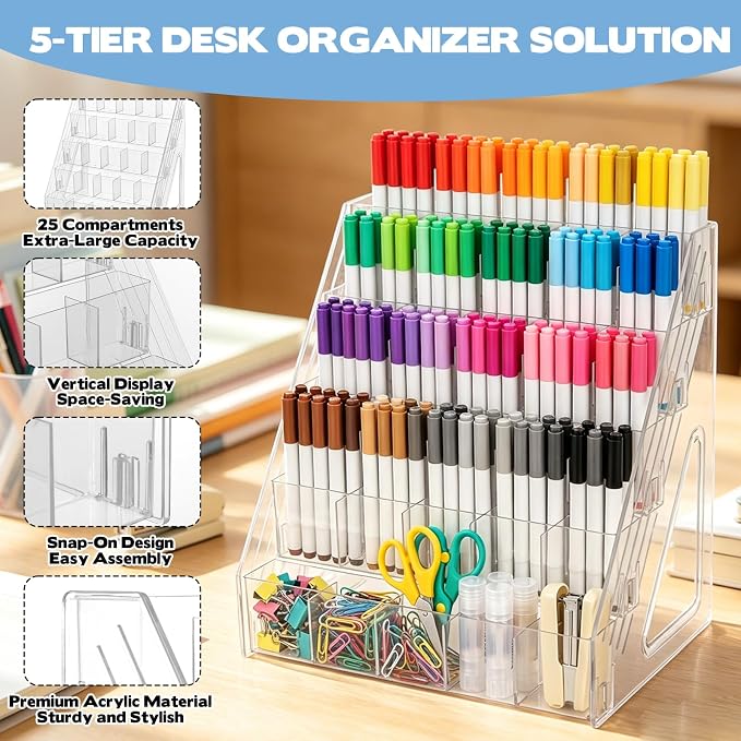 5 Tier Acrylic Desk Organizer with 25 Compartments Clear Pen Holder for Pens Pencils Markers and Art Supplies Large Capacity Desk Storage Rack for Home Classroom Office and Art Studio