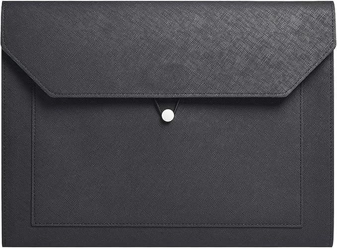 PU Leather A4 File Folder Document Holder 2 Pockets Portfolio Envelope Folder Case with Elastic String 3/4 Inch Expansion (Black)