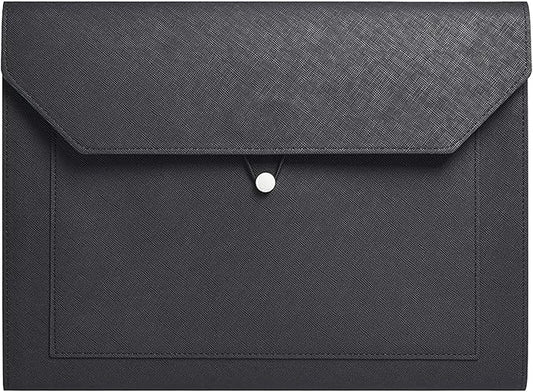 PU Leather A4 File Folder Document Holder 2 Pockets Portfolio Envelope Folder Case with Elastic String 3/4 Inch Expansion (Black)