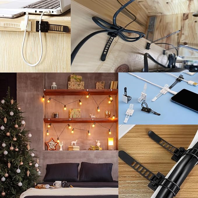 Adjustable Adhesive Cable Management Clips for Desk, Black, 50 Pcs | Large self Adhesive Cable Ties Clips,Suitable for desks or wall adhesive wire organizer extension cord management clips
