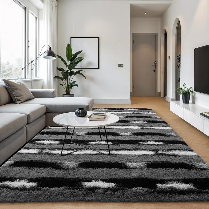 Zentavio Area Rugs for Living Room Large Rugs for Bedroom 5x8 Carpet Fluffy Fuzzy Soft Shag Aesthetic Plush High Pile Throw Rug for Nursery Kids Room Dorm Vertical Stripes Black White