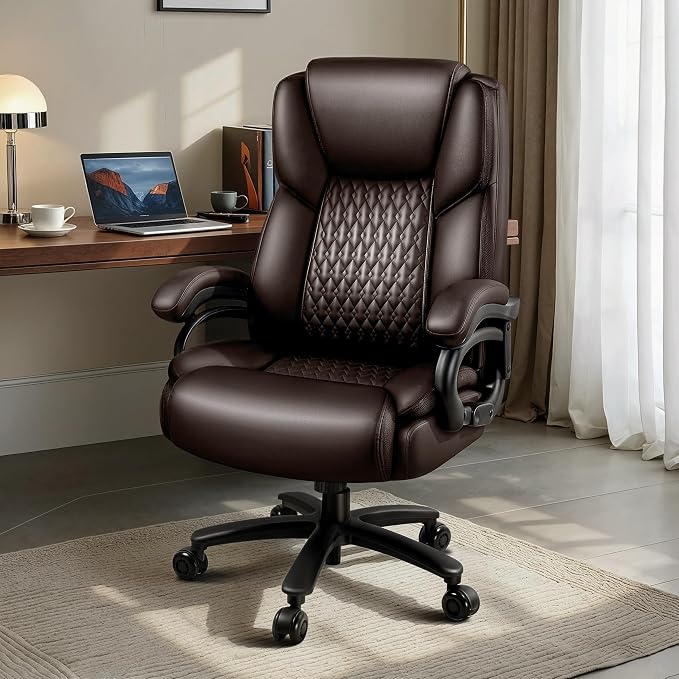 X-Large Office Chair 500 Lbs Capacity, Ergonomic PU Leather Executive Chair with Lumbar Support & Quiet Rubber Wheels, Comfy Heavy Duty Desk Chairs for Heavy People, Brown