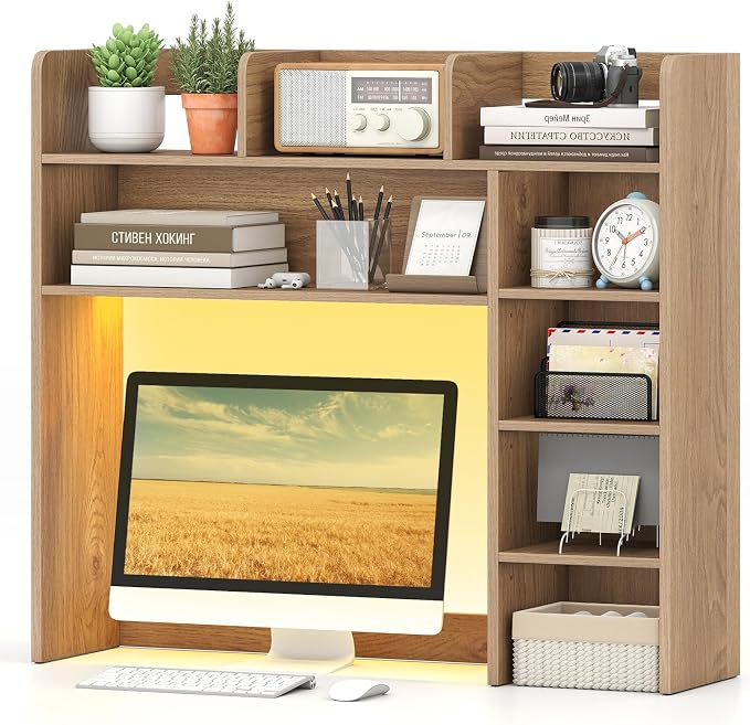 Tangkula Desktop Bookshelf with LED Lights, Desk Hutch with 8 Shelves for Max 25" Monitor, Desktop 5-Tier Display Rack, Multipurpose Wood Desktop Storage Hutch Organizer for Dorm Office Home (Natural)
