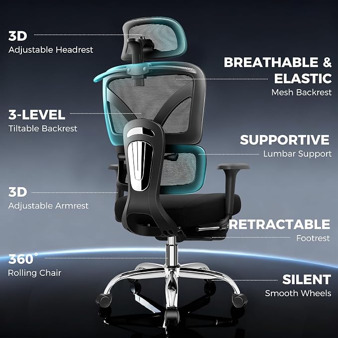 Ergonomic Office Chair with Footrest, Big and Tall Home Desk Chair | 3D Adjustable Armrests, 3D Flexible Headrest, Comfortable & High Density Sponge Cushion, 135° Recline, Lumbar Support, Black