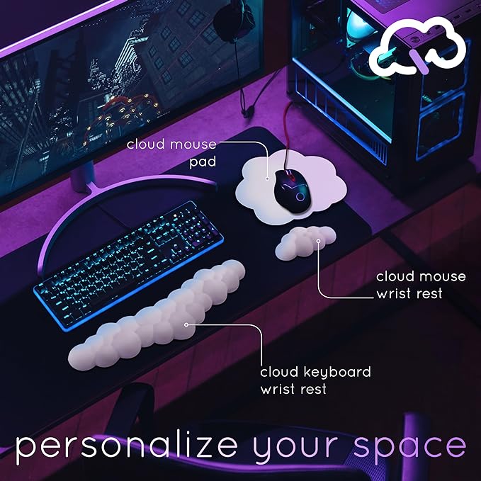 Cloud Keyboard Wrist Rest – Create-ables Qloud Cloud Wrist Rest for Computer Keyboard and Mouse, Ergonomic Memory Foam Wrist Pad with Non-Slip Base, Includes Cloud Mouse Pad – Yellow