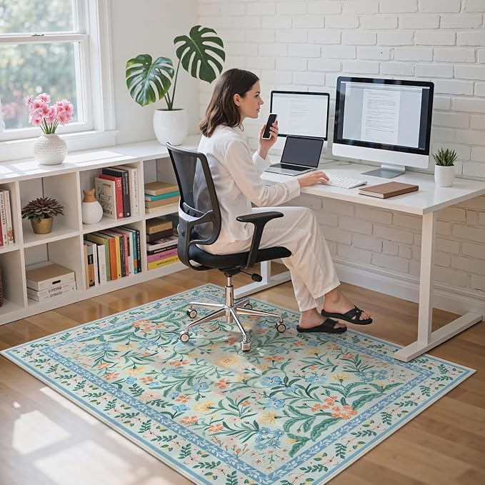 Anidaroel 48"x60" Office Chair Mat for Hardwood Floor/Tile, Anti-Slip Floral Floor Mat for Office Chair, Tea Green Desk Chair Mats for Hardwood, Low Pile Floor Protector for Rolling Chairs