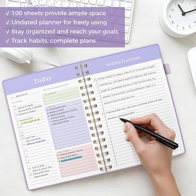 Oucaru Undated Daily Planner, A5 Spiral Notebook with Hourly Schedule, To Do List, Priorities, and Notes for Productivity - Easily Organize Your Tasks, Appointments & Goals for Women