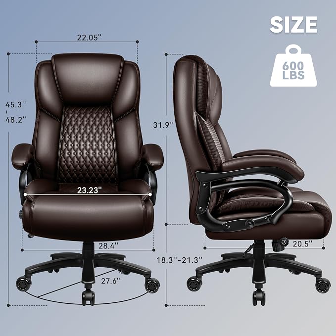 X-Large Office Chair 500 Lbs Capacity, Ergonomic PU Leather Executive Chair with Lumbar Support & Quiet Rubber Wheels, Comfy Heavy Duty Desk Chairs for Heavy People, Brown
