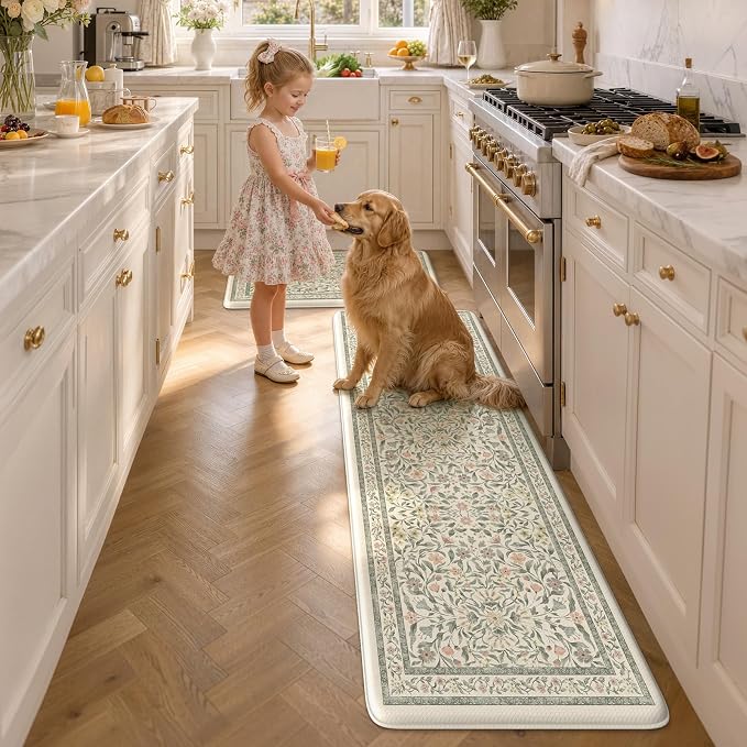 KIMODE Anti Fatigue Kitchen Mats for Floor, Farmhouse Kitchen Rugs Sets of 2, Cushioned Kitchen Floor Mats, Beige Bathroom Rugs Non Slip for Sink Home Decor Laundry Office Bedroom 20"x71"+20"x32"