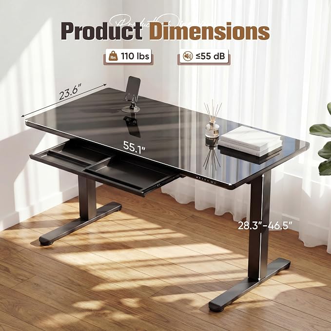 YESHOMY Electric Standing Desk with Tempered Glass Top, 55.1" Height Adjustable Desk with Partitioned Drawer & USB/Type-C Ports, Sit Stand Desk for Home Office, Black