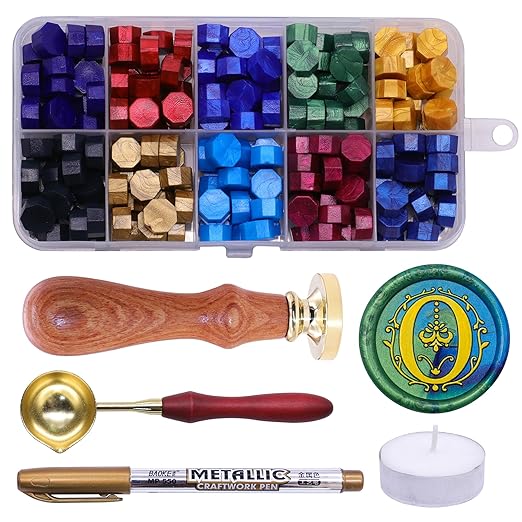 SWANGSA Initial Alphabet O Wax Seal Stamp Kit, Classic Retro Letter Sealing Stamp with 200pcs Sealing Wax Beads Kit for Wedding Invitations Cards Envelopes (O)