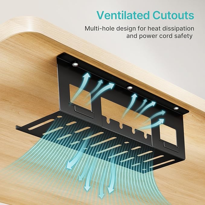 Under Desk Cable Management Tray, 15.7'' Screw-Mount Steel Rack | Metal Cord Organizer for Power Strips, Chargers, Reversible Installation, Effortless Wire Management for Home Office, Black