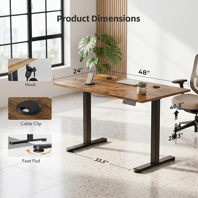 Claiks Electric Standing Desk 48x24 Inch Adjustable Desk, Rustic Brown | 156lbs weight capacity, 3 memory presets, industrial steel frame, cable management hub, adjustable height , easy assembly