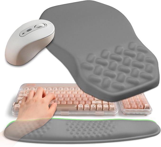 2-in-1 Ergonomic Set, Wave Keyboard Wrist Rest and Massage Slope Mouse Pad Wrist Support, Rebound Memory Foam for Relieve Carpal Tunnel Syndrome and Wrist Pain (Dark Grey)