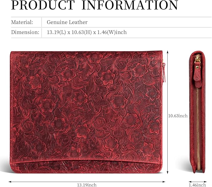 Gexmil Leather Portfolio Organizer for Women Men, Business Padfolio Folder with Zipper, Full Grain Leather,Interview Legal Document File Resume Organizer, A4 Writing Notepad Padfolio, Floral Red