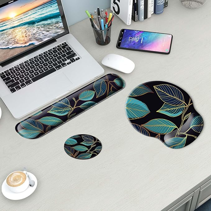 Mouse Pad and Keyboard Wrist Rest Support, with Non-Slip PU Base,Gel Mouse Pad with Coaster,Pain Relief for Gaming, Computer,Office -Golden Leaves