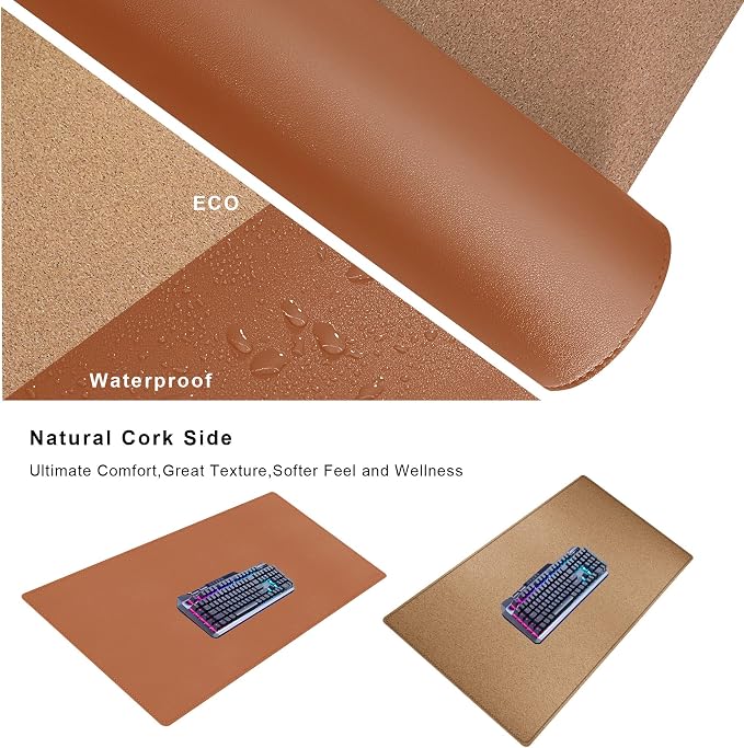 Mydours Cork & PU Leather Desk Mat, 40" x 20" Large Gaming Mouse Pad XL, Dual-Sided Portable Desk Pad Blotter, Keyboard Computer Desktop Protector for Gift Office Home (Brown)