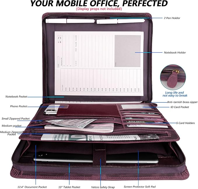 JinRuiKJ Leather Portfolio with Zipper, Professional Business Organizer for Men Women, Executive Resume Folder with A4 Notepad Holder, Card Slots, Pen Loop, 10x13'', Luxury Gift Set (Purple)