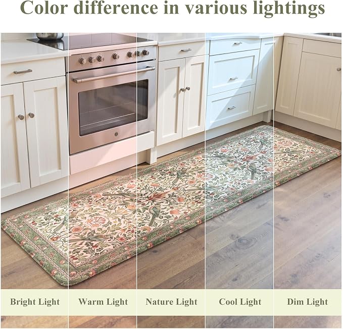 KIMODE Kitchen Mats Anti Fatigue,Cushioned Kitchen Rugs Runner | Olive Green,Boho Floral Bird Kitchen Rugs Non Slip ,Wide Long Memory Foam Kitchen Floor Mat for Laundry Sink Office Home
