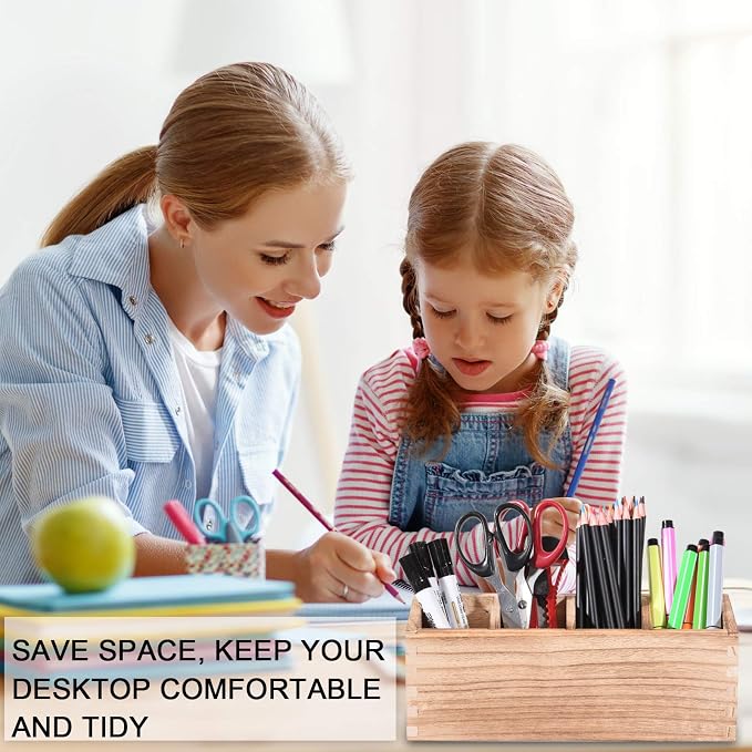 WuGeShop Wooden Pen Pencil Holder for Desk, 4 Compartment Rustic Rectangular Pen Organizer, Wood Desktop Organizer Caddy, Multi Purpose Use for Home School Office Supplies, Stationery