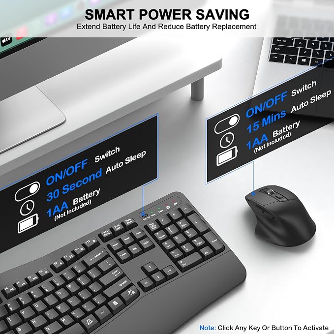 Wireless Keyboard and Mouse Combo, 2.4G Full Size Wave Keys Ergonomic Keyboard with Wrist Rest and 3-Level DPI Adjustable Wireless Ergonomic Mouse for Windows, Mac OS Desktop/Laptop/PC(Graphite)