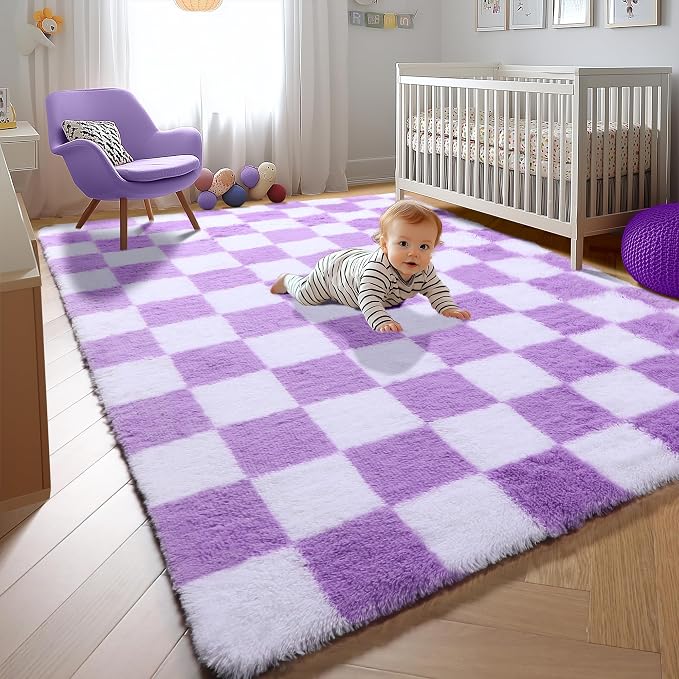 KICMOR Purple Rugs for Living Room Bedroom, 5x7 Fluffy Soft Checkered Area Rug Fuzzy Shag Shaggy Carpet, Indoor Furry Plush Floor Rugs for Kids Girls Boys Baby Teen Dorm Nursery Home Decor Aesthetic