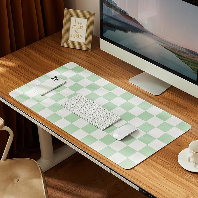 Checkered Desk Mat, 31.5" x 15.7" Large Cute Sage Green Aesthetic Retro Accessories PU Leather Computer Laptop Desk Mat, Mouse Keyboard Pad, Desk Writing Makeup Mat for Vanity/Work/Home Decor