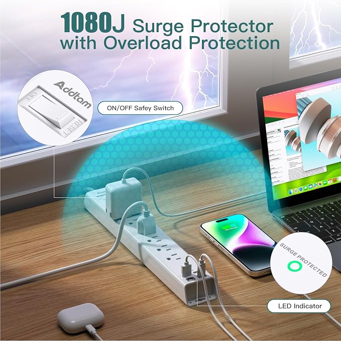 Addtam 25ft Extra Long Power Strip Surge Protector, 6 Outlets and 4 USB Ports (2 USB C), Ultra Flat Plug Wall Mount, Heavy Duty Extension Cord Charging Station for Large Room, Garage, Workshop