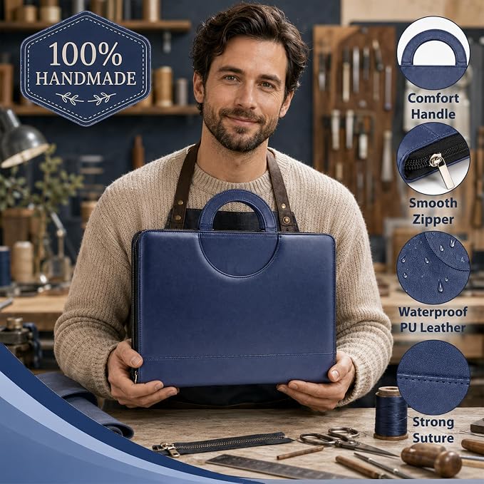Darolin Vegan Leather Padfolio Portfolio with Handle, Zipper -Blue | Business Portfolio Organizer for Meetings, Interviews, Travel, Resume, Clipboard Fits A4, Letter Size, Padfolio for Men Women