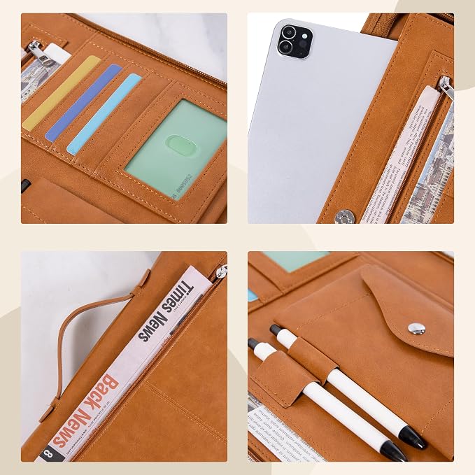 Calfinder Personalized Portfolio for Women&Men, Free Name Engrave,Customized Leather Padfolio, Business Portfolio with Zipper and Handle for Ipad, Document
