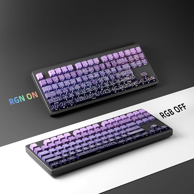 FunHub Shine Through PBT Keycaps - Purple Gradient Topographic Backlit Keycaps Set 133 Keys 60 65 75 100 Percent Cherry Profile,Side Printed Double Shot RGB Key Caps for MX Switches Gaming Keyboard