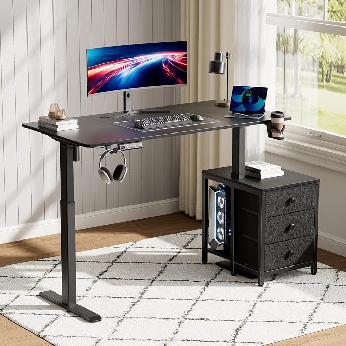 REAHOME 55 Inch Black Electric Height Adjustable Standing Desk with Drawers | Dual Motor Sit-Stand Frame With 3 Memory Presets, Printer Cabinet, Hooks & Cable Management For Home Office Gaming Desk