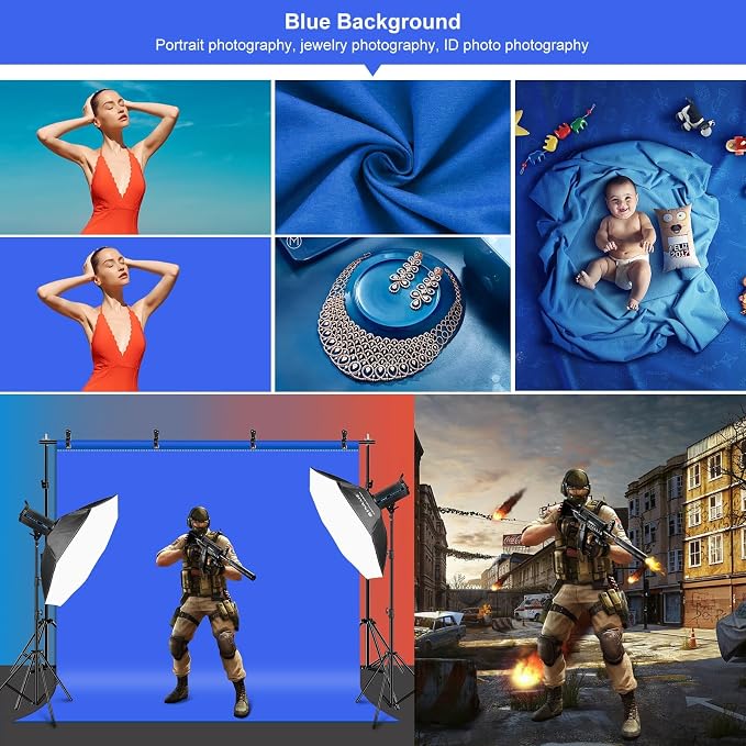 PULUZ Photo Background Support System with 9.5x6.5ft/300x200cm Backdrop Stand Kit, Portable greenscreen Background and Blue Red Backdrop for Photography, Video Shooting, Live Streaming, Party