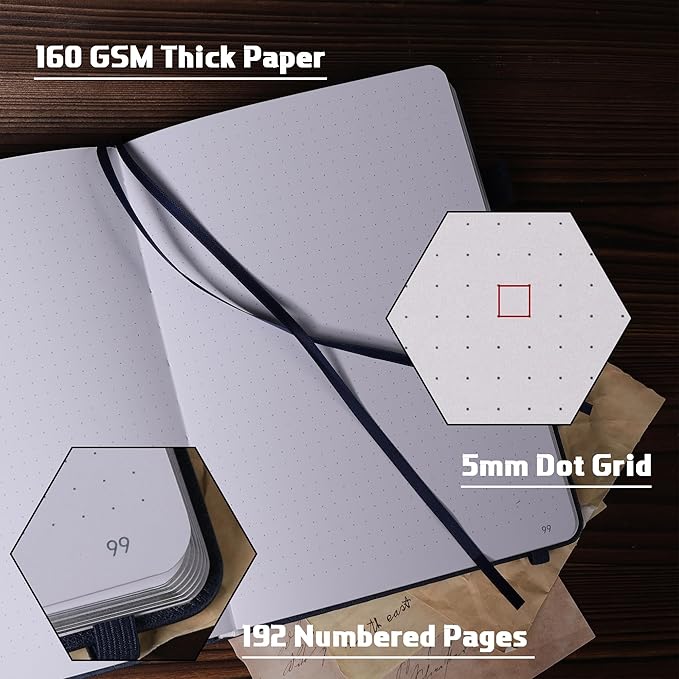 TIEFOSSI Dotted Journal Notebook, 160gsm 190 Numbered Thick Paper, A5 Hardcover Dotted Grid Diary for Women Men Work Writing, Journaling, Drawing, 5.8 x 8.3 in