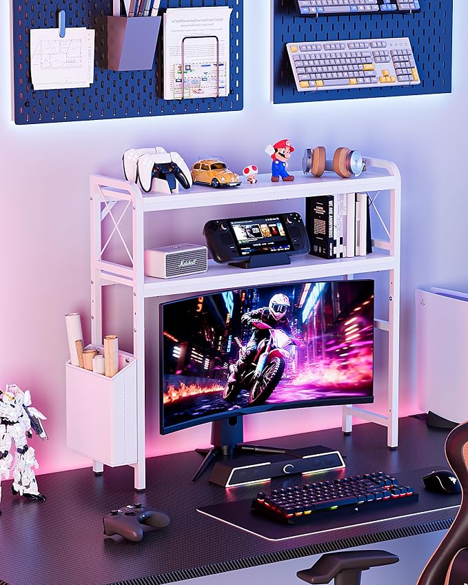 Desk Hutch Dorm with Adjustable Shelves and Side Pockets | 2-Tier Desktop Bookshelf Organizer, Monitor Stand, Large-Capacity Display Shelf Rack for Home Office or Study, White