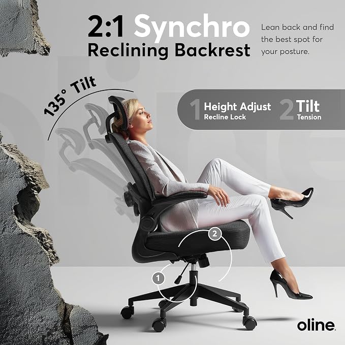 Oline ErgoAir Ergonomic Office Chair – Adjustable Lumbar Support, Flip-Up Armrests, Mesh Computer Desk Chair, Swivel Rolling Executive Gaming Chair for Home & Office (Black)