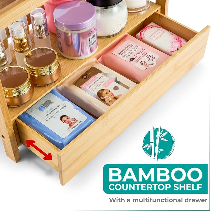 Sorbus 2-Tier Bamboo Countertop Shelf with Hidden Drawer for Vanity, Matcha Shelf, Bathroom Storage Cabinet, Under Sink Organizer, Bathroom Storage, Matcha Station Shelf (17″ L x 6.5″ W x 12.6″ H)