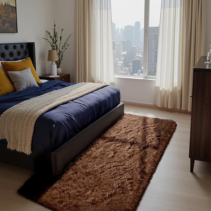 Soft Runner Rugs for Bedroom, Brown 2x6 Area Rugs Fluffy Rug Shag Area Rug Carpet, Bedside Rug for Living Room Bedroom Room Home Decor