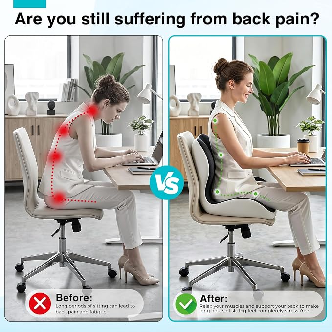Seat Cushion for Office Chair and Car, L-Shaped Memory Foam Truck Driver Seat Cushion, Ergonomic Sciatica & Tailbone Pain Relief Cushion with Non-Slip Breathable Cover, Back Support for Office Chair
