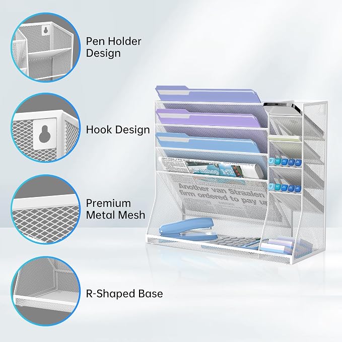 Wall File Organizer, 5-Tier Desk Organizer with 4 Pen Slots, Hanging Wall File Folder Holder with R-shaped Bottom Tray, Mesh Versatile Mail Holder Desk Organization for Office, White