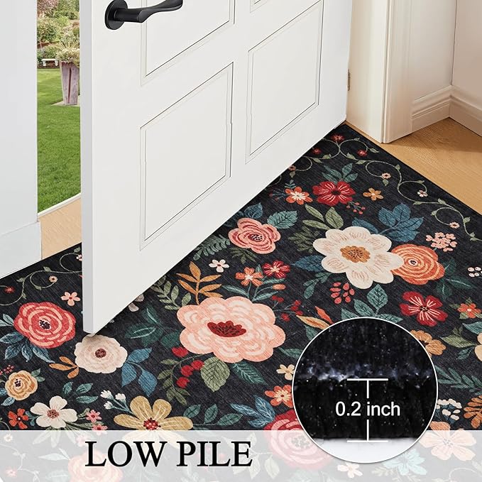 DUKINO 3x8 Runner Rug, Washable Rug for Kitchen with Non Slip Backing, Soft Non Shedding & Low Pile Design Long Floor Carpet Runner for Hallway, Bathroom, Entryway, Laundry, Black