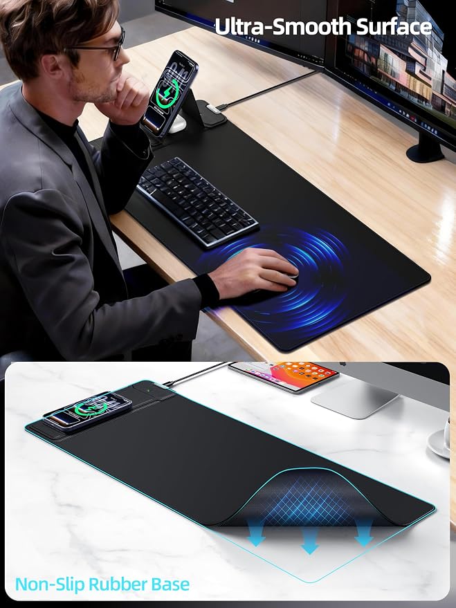 Mouse Pad with Magnetic Wireless Charging & Adjustable Phone Stand | 27.5"x11.8" Computer Mouse Mat with Anti-Slip Base & Stitched Edge, Easy Gliding, Spill-Resistant Surface, Black