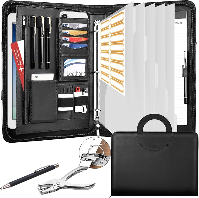 Leathario Portfolio Binder, Includes 5 Folder Index Dividers,1 Hole Punch,13 Inch Tablets Organizer with Handle, Vegan Leather A4 Padfolio, Multi-Pocket Notepad Business Planner Professional Document