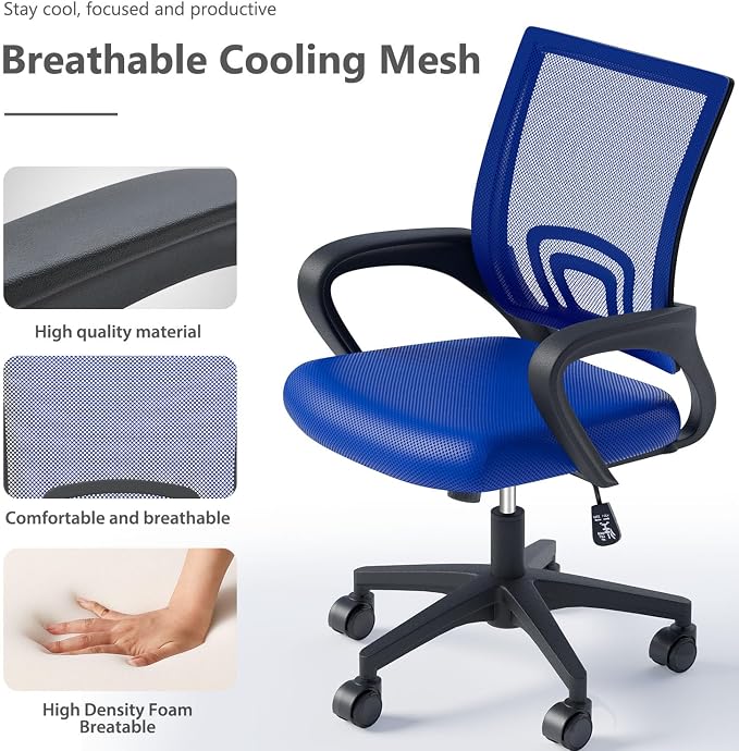 OS MOTOR Ergonomic Mid-Back Mesh Office Chair (Navy Blue, 2 Pack) | Lumbar Support, Adjustable Height, Swivel Rolling Design, Comfy Armrest, Home, Office, Work, Study, Gaming, Vanity